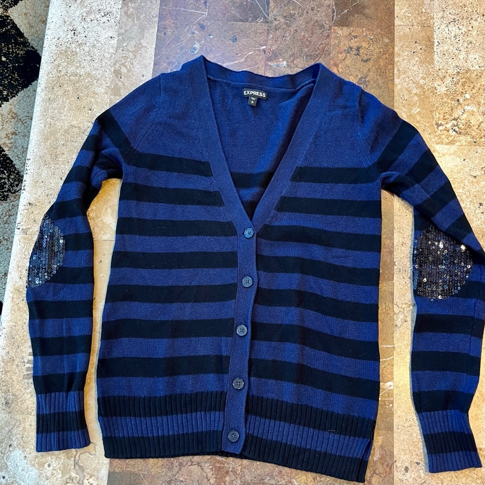 Women’s SZ S EXPRESS Royal blue and Black Striped V-Neck Sequin Elbow Cardigan